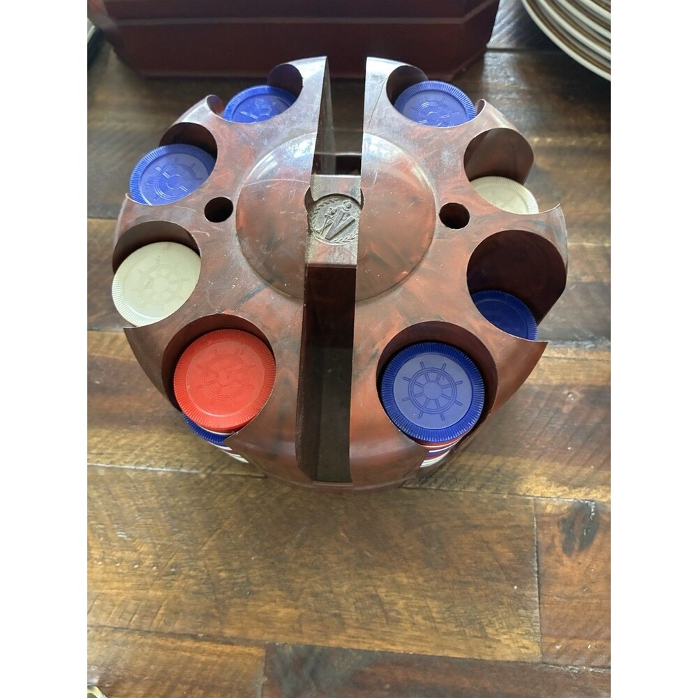 Vintage Poker Chip Carousel Caddy Brown Swirl Red White Blue Chips MCM